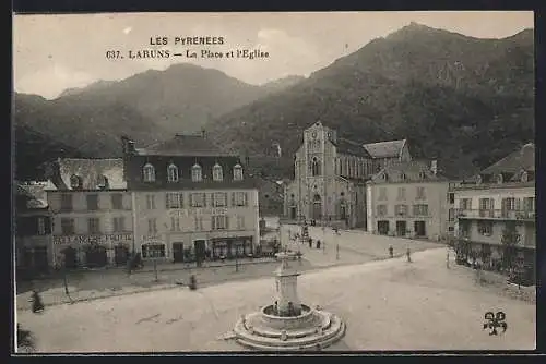 AK Laruns, Les Pyrénées, La Place et l`Eglise