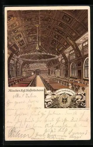 Lithographie Münchner Hofbräuhaus, Grosser Gesellschafts Saal