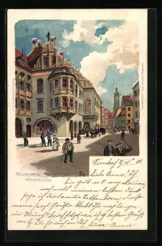 Lithographie München, Strassenpartie mit Münchner Hofbräuhaus