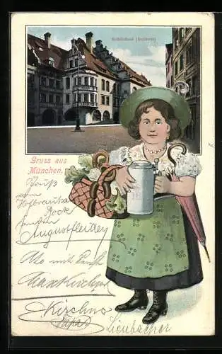 Lithographie München, Hofbräuhaus Aeusseres, Frau mit Bierkrug, Passepartout