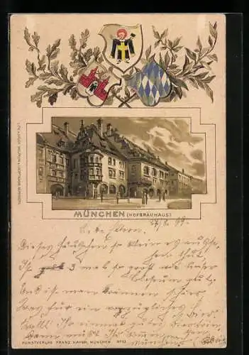 Passepartout-Lithographie Münchner Hofbräuhaus mit Münchner Kindl