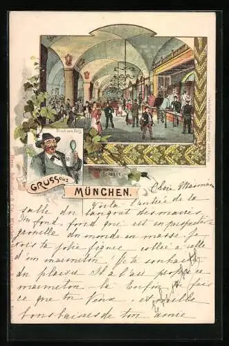 Lithographie München, Münchner Hofbräuhaus, Innenansicht