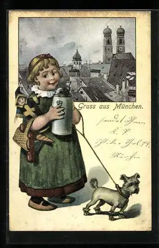 AK München, Teilansicht mit Frauenkirche, Münchner Kindl mit Bierkrug und kleinem Hund