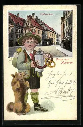 Lithographie München, Münchner Hofbräuhaus, Mann mit Bierkrug, Passepartout