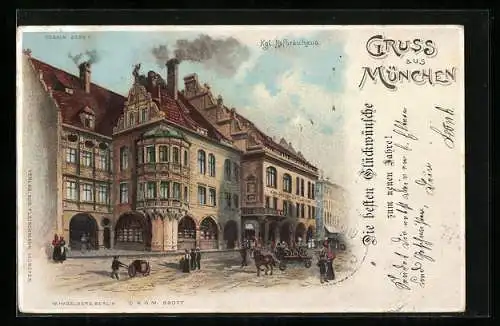 Lithographie Münchner Hofbräuhaus, Aussenansicht mit Passanten