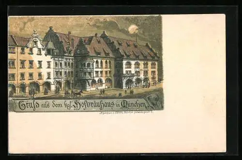 Lithographie München, Königliches Hofbräuhaus bei Mondschein