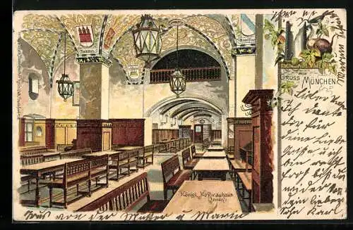 Lithographie München, Gasthaus Münchner Hofbräuhaus, Innenansicht, Decke mit Goldflitter