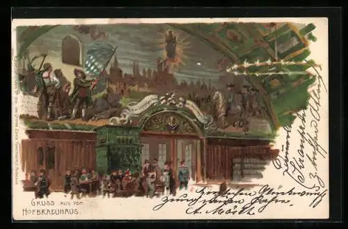 Lithographie Münchner Hofbräuhaus, Wandbild im Festsaal