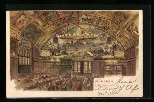 Künstler-AK T.Guggenberger: München, Königliches Hofbräuhaus, Saal, Wappen