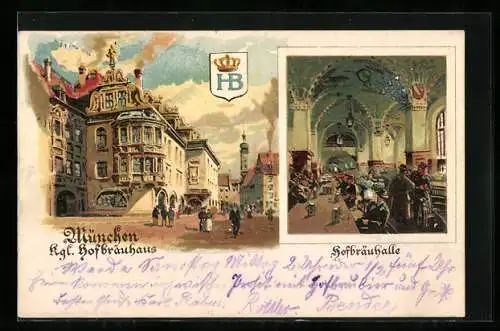 Lithographie Münchner Hofbräuhaus, Hofbräuhalle, Wappen