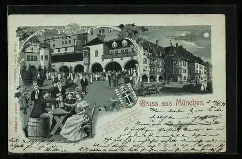 Mondschein-Lithographie München, Hofbräuhaus am Platzl in seiner neuen Art, Hofpartie