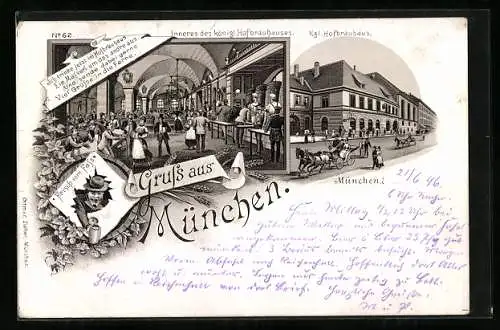 Lithographie München, Münchner Hofbräuhaus mit Innenansicht