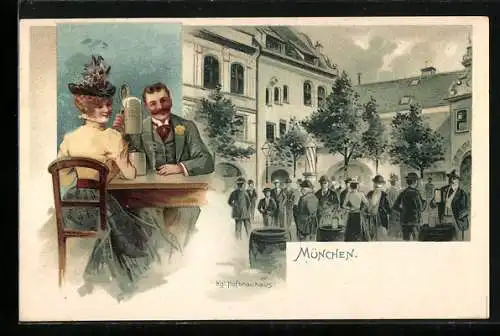 Lithographie München, Münchner Hofbräuhaus, Hofpartie, Paar am Biertisch