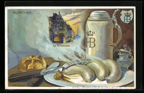 Lithographie Münchner Hofbräuhaus, Bier und Weisswurst