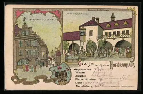 Lithographie München, Im neuen Hofbräuhaus, Hofbräuhaus-Erker am Platz, Hof im Königlichen Hofbräuhaus