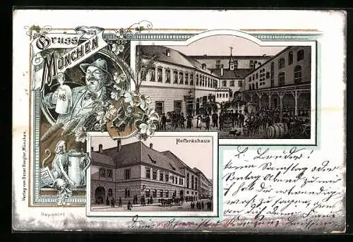 Lithographie München, Strassenpartie am Münchner Hofbräuhaus