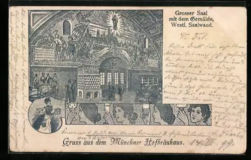 Lithographie München, Münchner Hofbräuhaus, Grosser Saal mit dem Gemälde, Westliche Saalwand