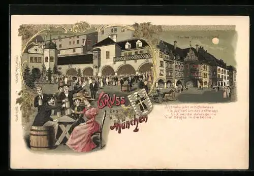 Lithographie München, neues Münchner Hofbräuhaus am Platzl, Arkadenhof, Wappen, Pferdekutsche