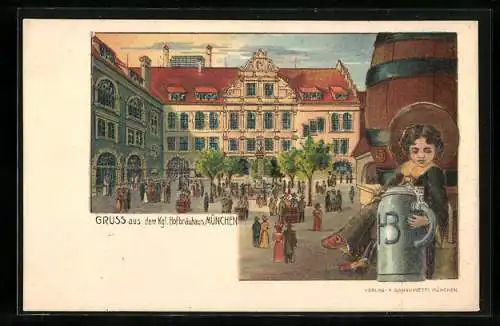 Lithographie München, Königliches Hofbräuhaus und Münchner Kindl mit Bierkrug