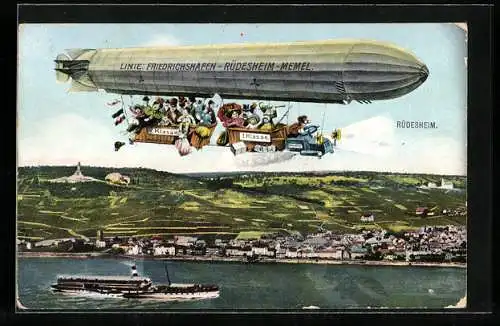 AK Rüdesheim am Rhein, Zeppelin-Luftschiff über der Ortschaft