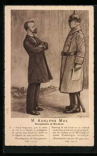 Künstler-AK Brüssels Bürgermeister M. Adolphe Max und ein deutscher Militär, Propaganda Entente