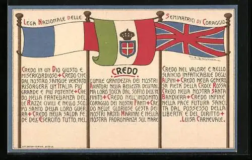 AK Propaganda Entente, lega nazionale delle seminatrici di coraggio, Fahnen von Italien, Frankreich und England