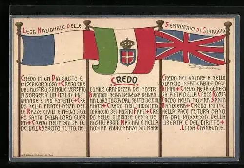 AK Propaganda Entente, lega nazionale delle seminatrici di coraggio, Fahnen von Italien, Frankreich und England