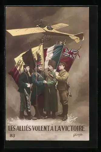 AK Les Allies Volent a la Victoire, Soldaten mit ihren jeweiligen Landesflaggen und altes Kriegsflugzeug