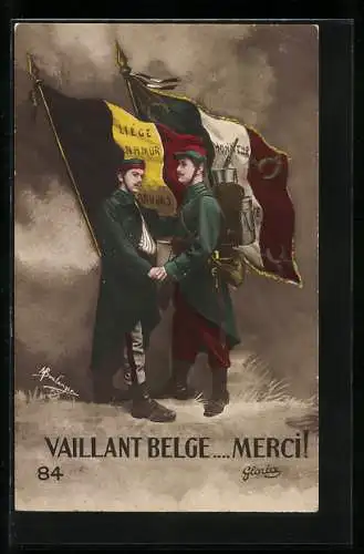 AK Propaganda Entente, Vaillant Belge..merci, Soldaten mit Fahnen