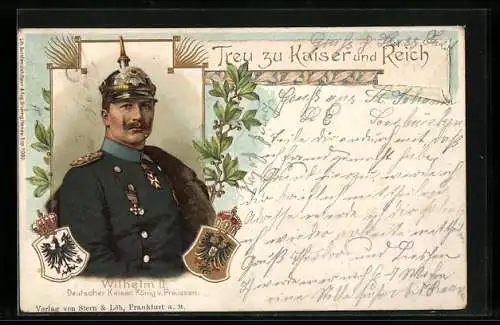 Lithographie Kaiser Wilhelm II. mit Pickelhaube in Uniform