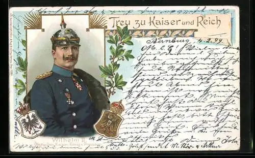 Lithographie Kaiser Wilhelm II. mit Pickelhaube, Wappen