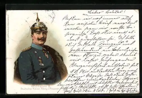 Lithographie Kaiser Wilhelm II. in Uniform mit Pickelhaube