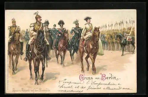 Lithographie Kaiser Wilhelm II. und seine Generäle auf den Pferden