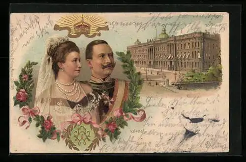 Lithographie Berlin, Stadtschloss, Kaiser Wilhelm II. nebst Gemahlin