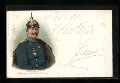 Lithographie Kaiser Wilhelm II. mit Pickelhaube