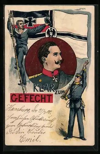 Künstler-AK Bruno Bürger & Ottillie Nr. 6314: Klar zum Gefecht, Matrose mit Reichskriegsflagge, Wilhelm II.