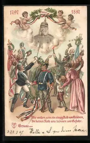 Lithographie Wir wollen sein ein einzig Volk von Brüdern..., Kaiser Wilhelm I.