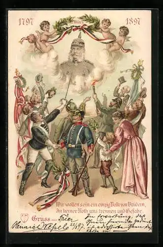 Lithographie Wir wollen sein ein einzig Volk von Brüdern..., Kaiser Wilhelm I. wird gefeiert