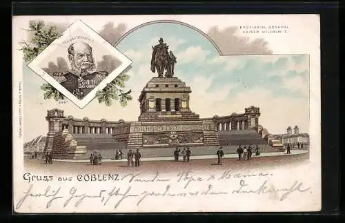 Lithographie Coblenz, Provinzial-Denkmal Kaiser Wilhelm I.