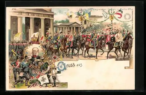 Lithographie Berlin-Tiergarten, Brandenburger Tor, Parade zu Ehren von Kaiser Wilhelm I.