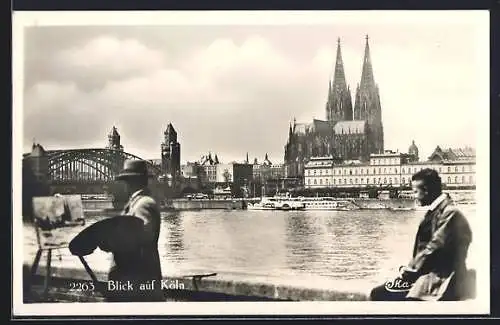 AK Köln, Maler malt Panorama mit Kölner Dom