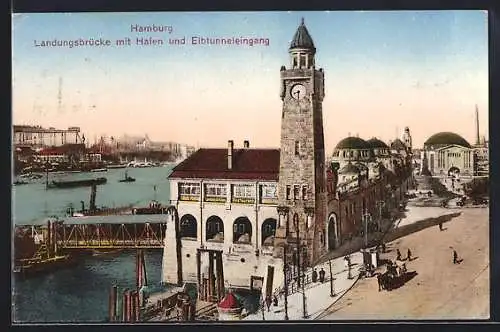 AK Hamburg-St. Pauli, Landungsbrücke mit Hafen u. Elbtunneleingang