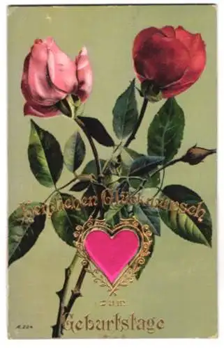 Stoff-Präge-AK Zwei Rosen, Stoffherz, Geburtstagsgruss