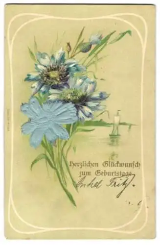 Stoff-Präge-AK Blauer Blumenstrauss, Segelboot, Geburtstagsgruss