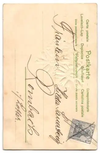 Stoff-Präge-AK Blauer Blumenstrauss, Segelboot, Geburtstagsgruss