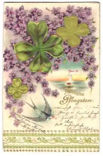 Stoff-Präge-AK Blumen und Glücksklee, Briefschwalbe, Segelboot, Pfingstgruss