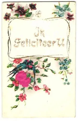 Stoff-Präge-AK Schwalbenpaar mit Blumen, Schriftzug Ik Feliciteer U