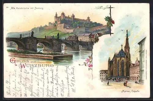 Lithographie Würzburg, Mainbrücke mit Festung