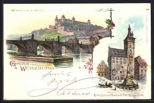 Lithographie Würzburg, Mainbrücke mit Festung, Rathaus, Rote Blumen