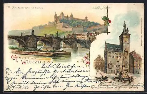 Lithographie Würzburg, Mainbrücke mit Festung, Rathaus, Rote Blumen